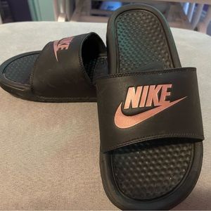 Black and rose gold Nike slides size 6